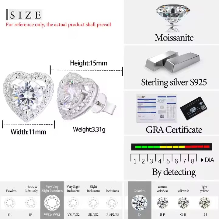 VVS Moissanite Heart Halo Stud Earrings – 925 Sterling Silver