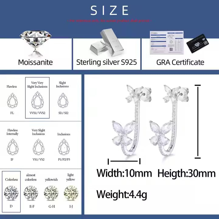 VVS Moissanite Butterfly Earrings – 925 Sterling Silver, Dual Use Design
