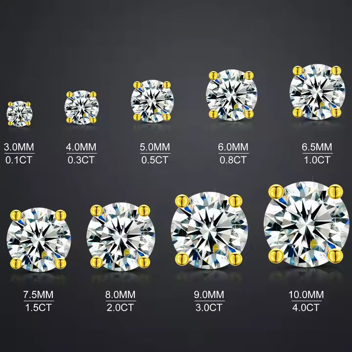 VVS moissanite classic stud earrings – gold or silver (3mm–11mm)